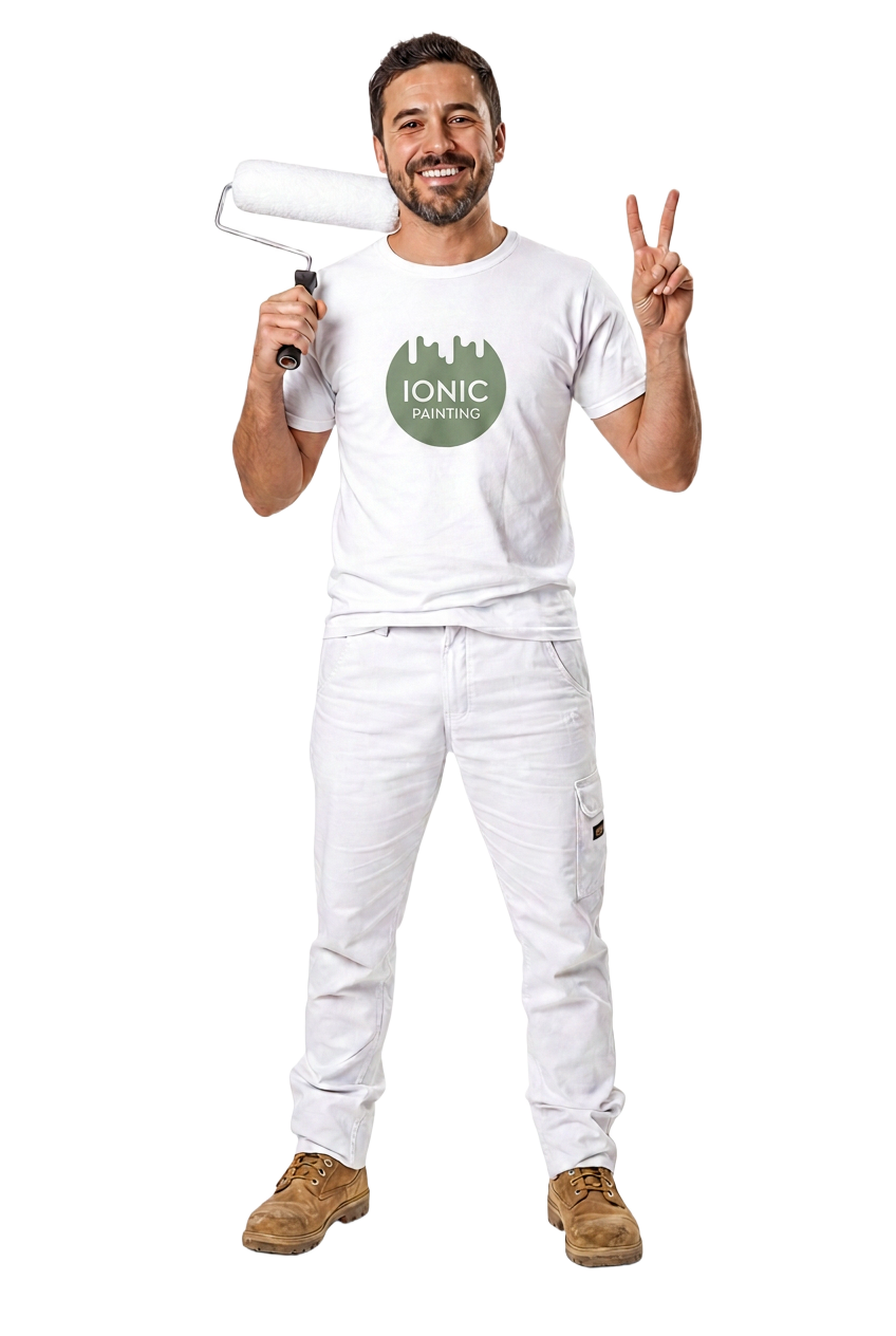 Ionic Painting crew member smiling with a roller brush and a peace sign